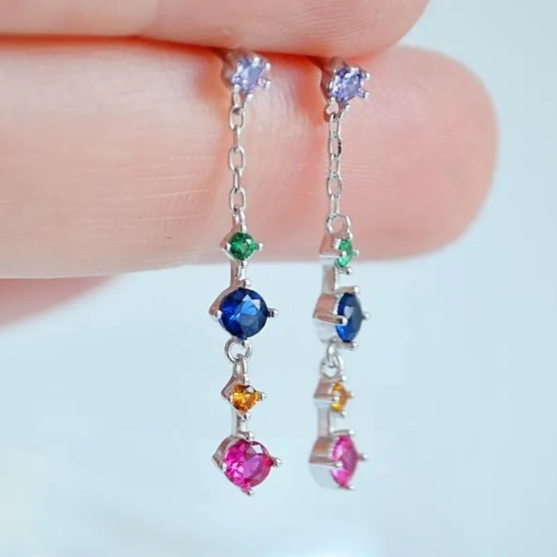 Sleek Minimalist Long Studs with Colorful Synthetic Zirconia